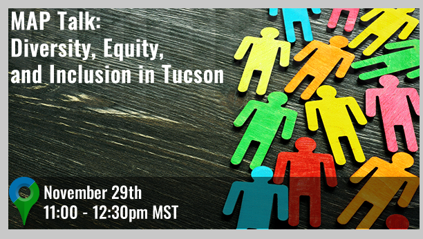 Abstract image with cutout figures: MAP Talk: Diversity, Equity, and Inclusion in Tucson